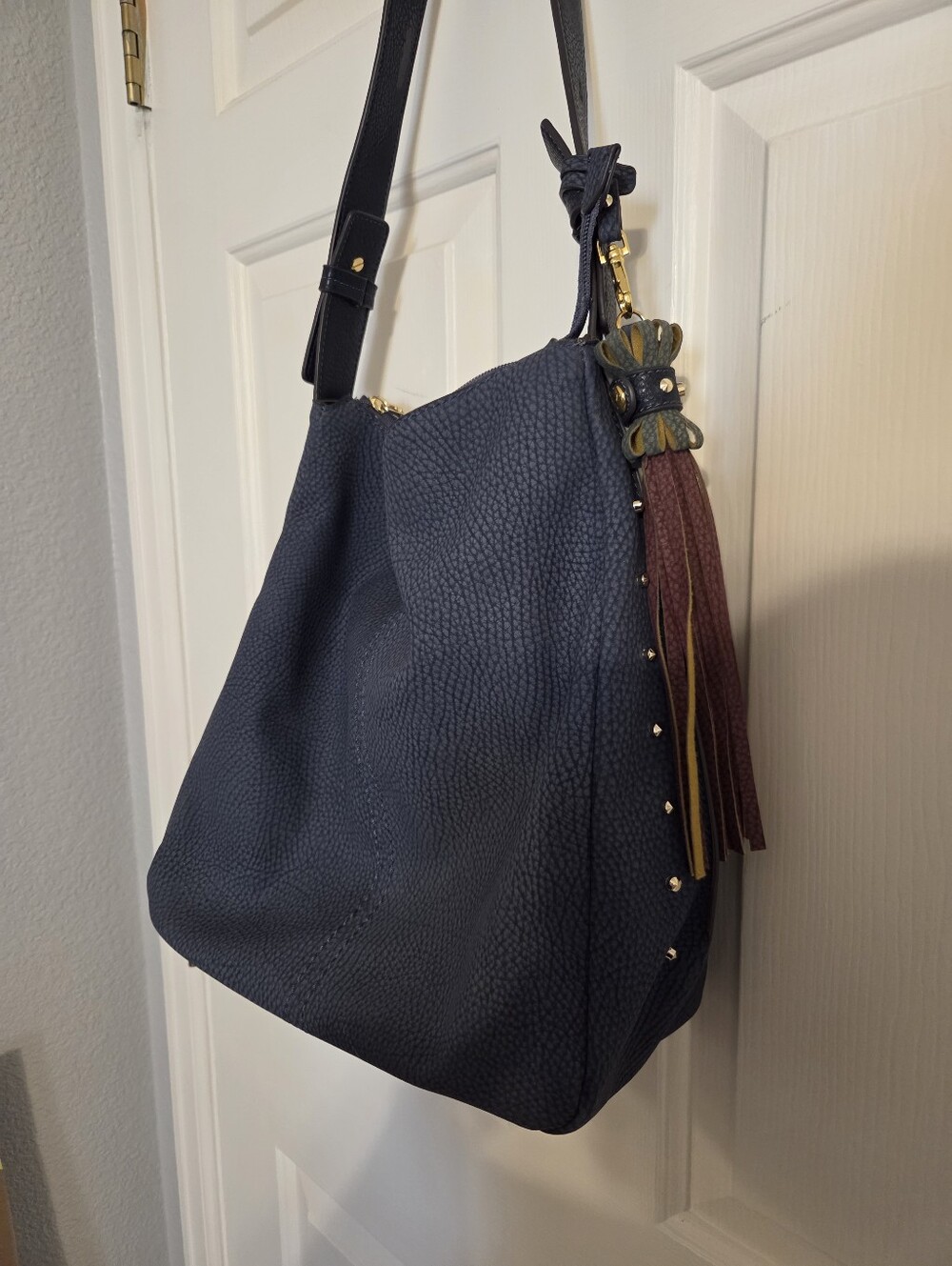 Sondra Roberts Blue Studded Hobo Bag Peppled Texture - Picture 4 of 8